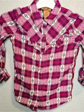Wrangler Girls Western Plaid Ruffle Button Up Shirt Pink Size Large (Youth)